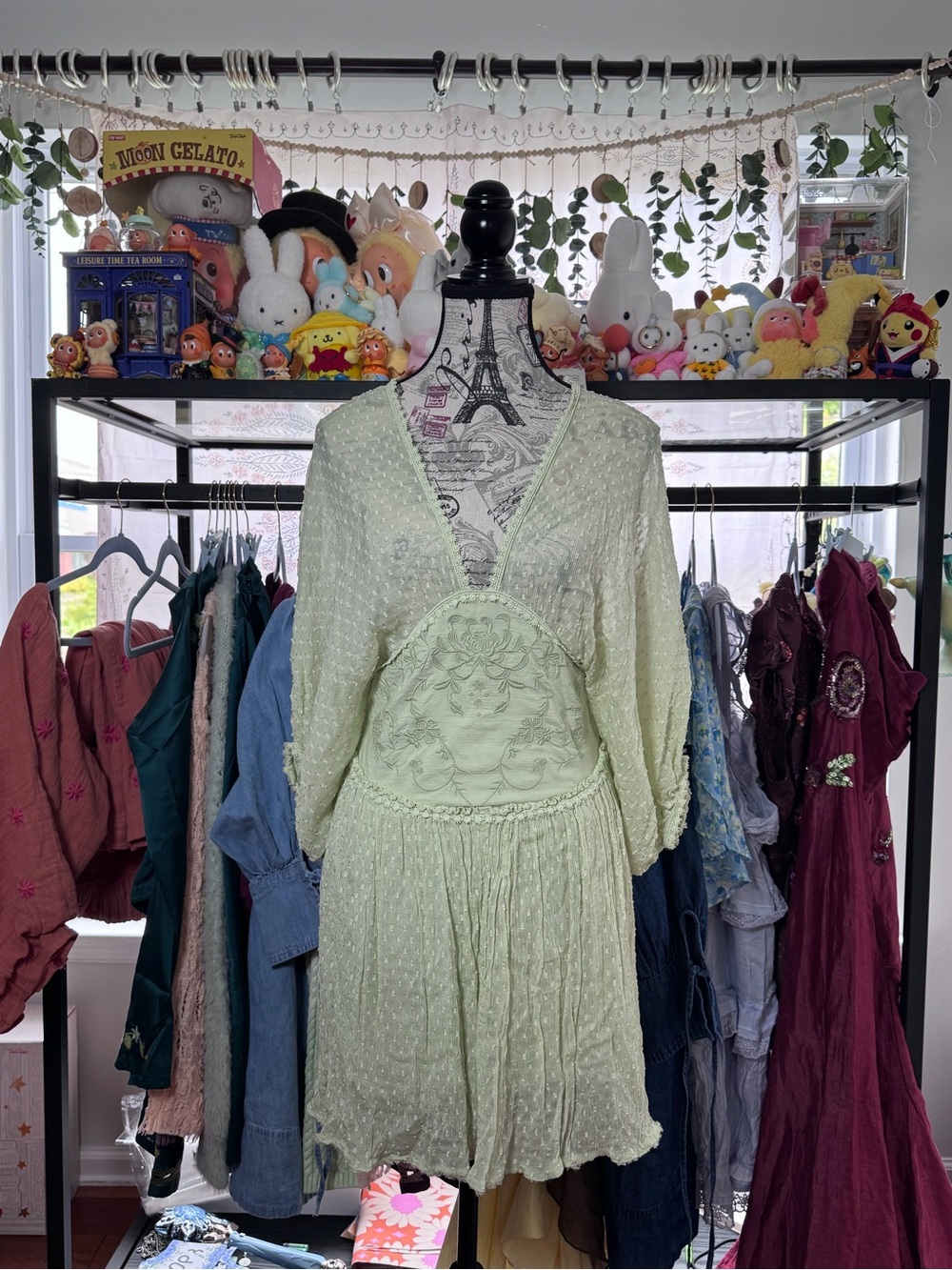 Free People Light Mint Green and Embroidered V-Neck Mini Dress